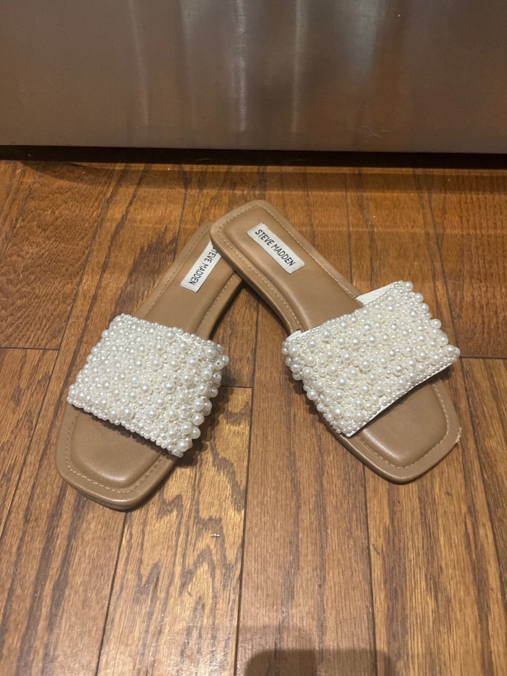 Steve Madden Slides Sandals with Pearl Embellishment, size 8